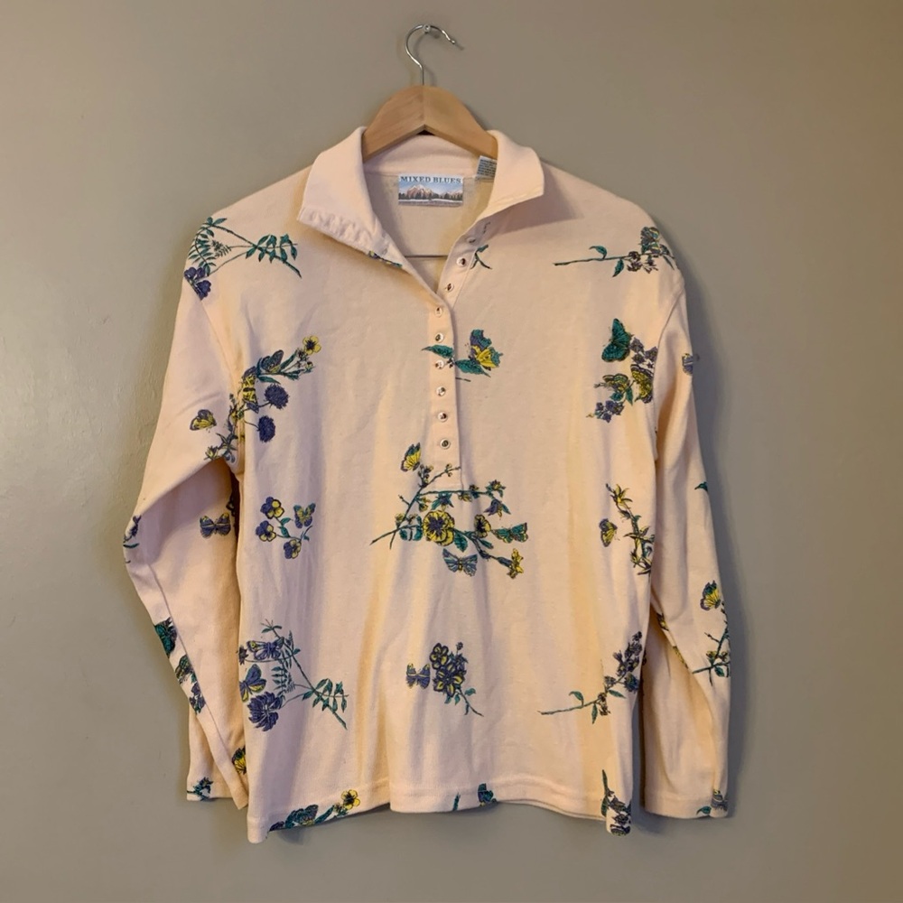 Vtg Mixed Blues Women's Long Sleeve Henley Shirt USA Yellow Floral Butterfly L